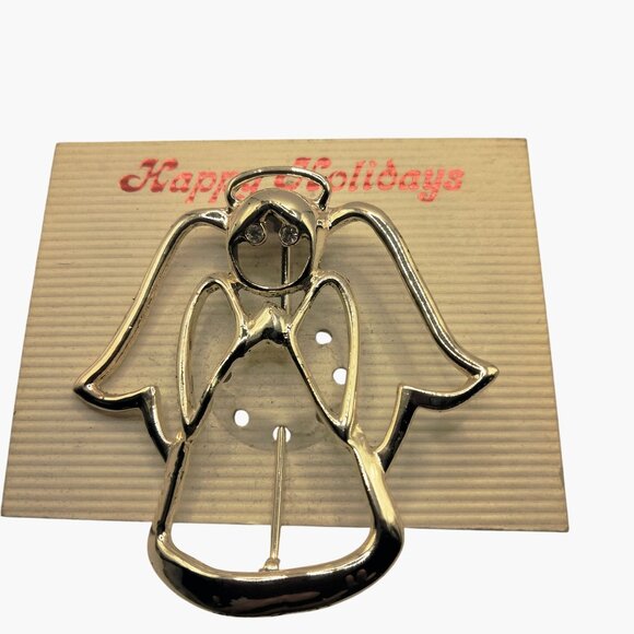 Angel Brooch Christmas PIn Rhinestone Eyes SilverTone Happy Holidays Card - Picture 2 of 4